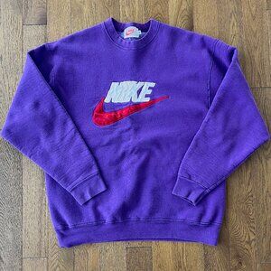 Vintage 90s Nike Spell Out Crewneck Sweatshirt Purple Red Swoosh Made in USA XL